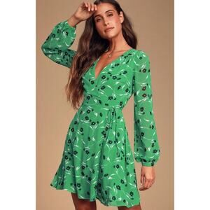 Lulu's Green Floral Wrap Mini Dress